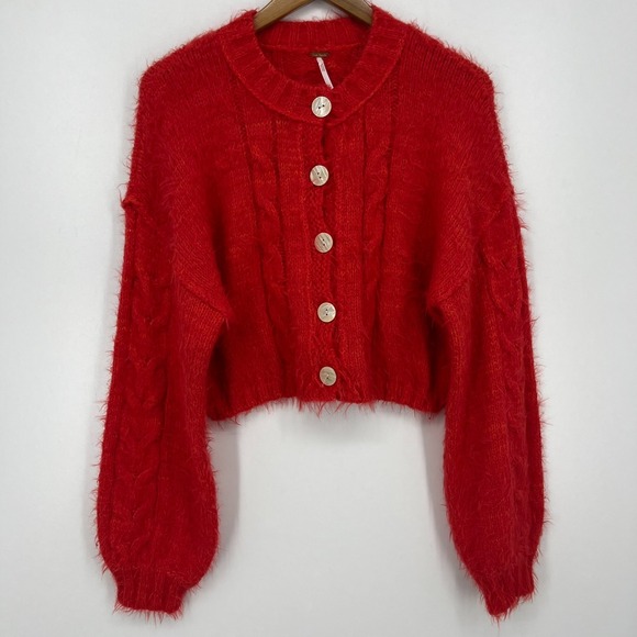 Free People x Revolve Willow Cardigan Women's Size M Red Fuzzy Button Cropped - Picture 1 of 8